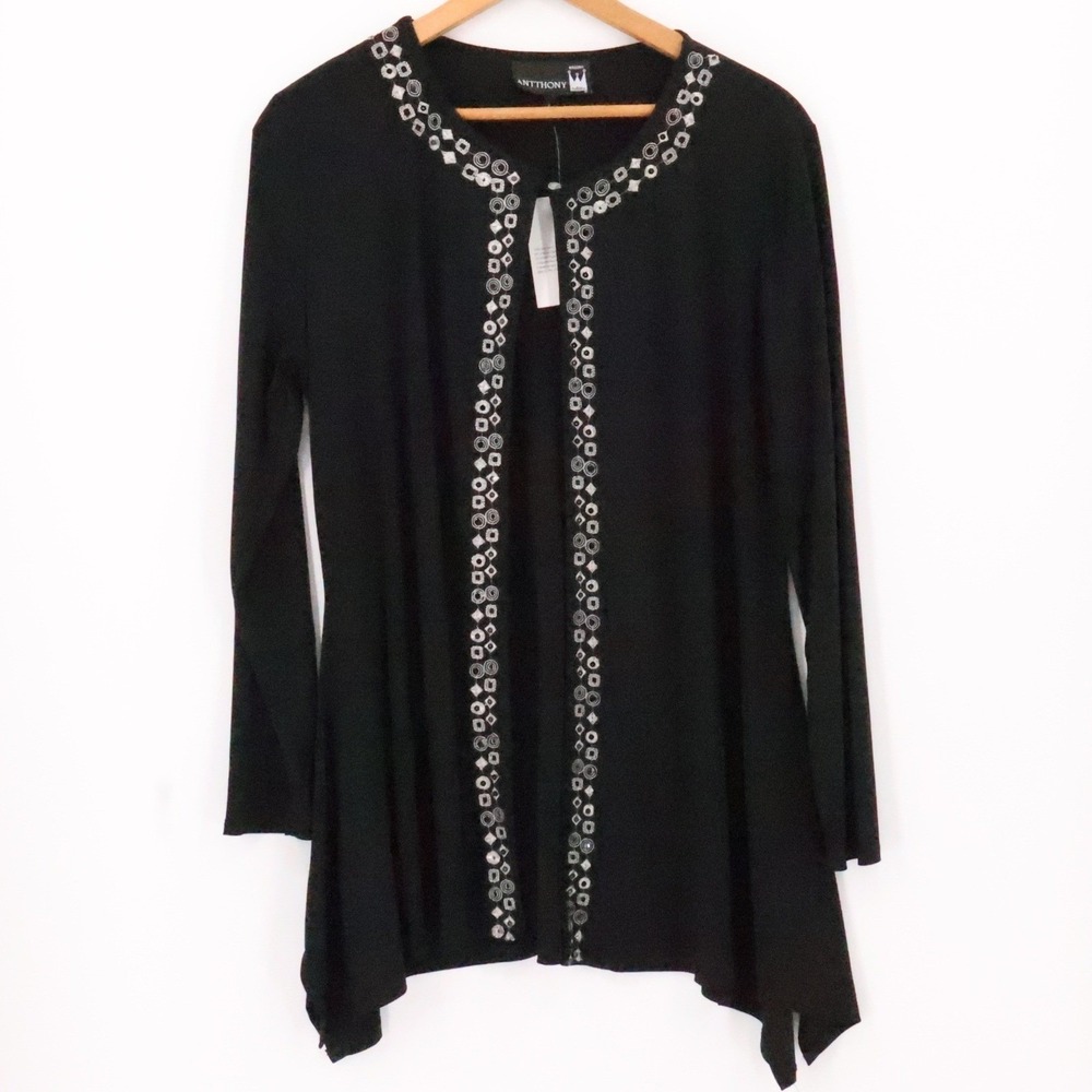 Anthony Originals Black Embroidered Cardigan Size L Holiday Party NWT Layering